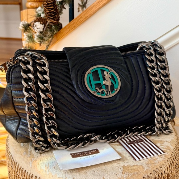 RARE Henri BENDEL No.7 Quilted Leather Shoulder Bag Pop Mix Black Multi Girl Dog - Picture 2 of 16